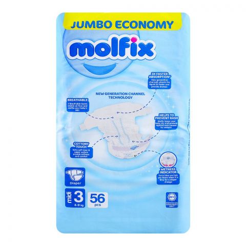 Molfix Diapers 3 Medium, Jumbo Economy Pack, 4-9kg, 56-Pack