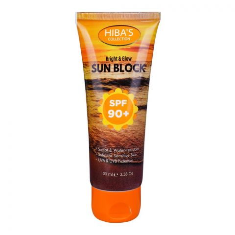 Hiba's Bright & Glow Sun Block, SPF 90+, UVA & UVB Protection, Water Resistant, Safe For Sensitive Skin, 100ml