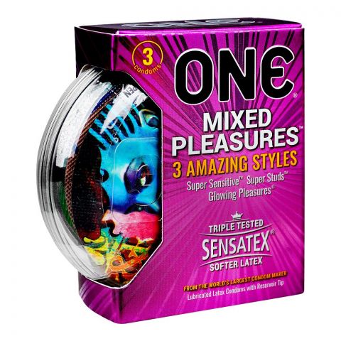 One Mixed Pleasures Condoms, Glowing Pleasures Condoms, Natural Rubber Latex, Super Sensitive, Extra Large Studs, 3-Pack