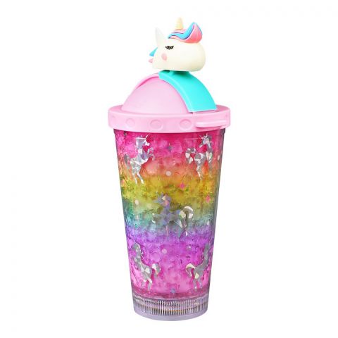 Unicorn Theme Plastic Tumbler Water Bottle With Straw & Strap, Travel Mug, Pink, WBD9100