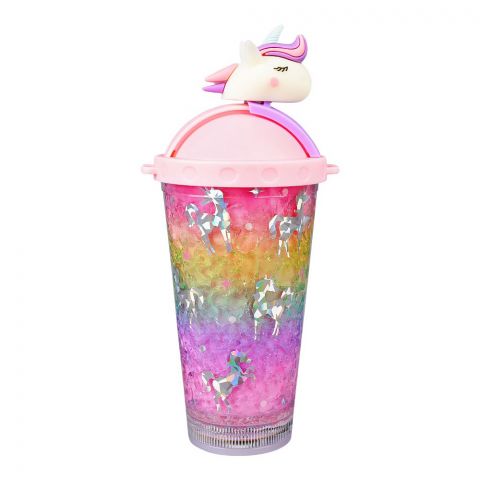 Unicorn Theme Plastic Tumbler Water Bottle With Straw & Strap, Travel Mug, Dark Pink, WBD9100