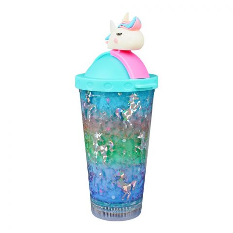 Unicorn Theme Plastic Tumbler Water Bottle With Straw & Strap, Travel Mug, Sea Green, WBD9100