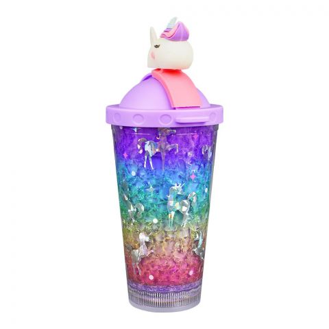 Unicorn Theme Plastic Tumbler Water Bottle With Straw & Strap, Travel Mug, Purple, WBD9100