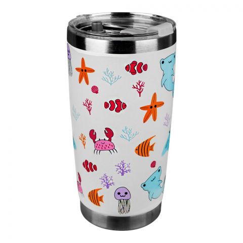 Colorful Sea Animals Theme Stainless Steel Tumbler Water Bottle, Travel Mug, White, GWT526