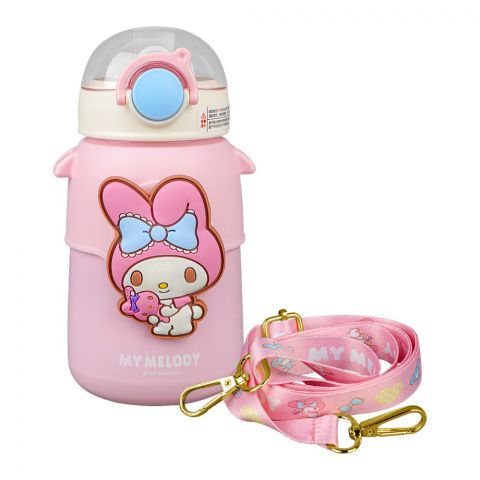 Melody Plastic Thermos Cup Cute Water Bottle With Straw & Strap, Leakproof Ideal for Office, Pink, 8075B