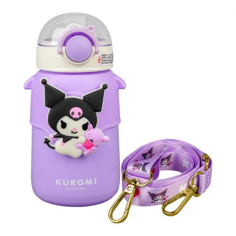 Kuromi Plastic Thermos Cup Cute Water Bottle With Straw & Strap, Leakproof Ideal for Office, Purple, 8075B