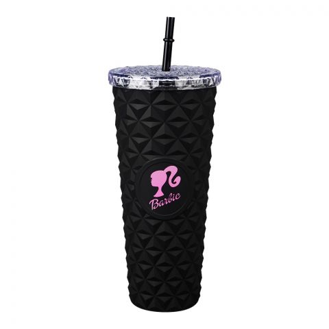 Barbie Sparkle Plastic Straw Cup With Straw, Water Cup Drinking Bottle, Black, NL8807