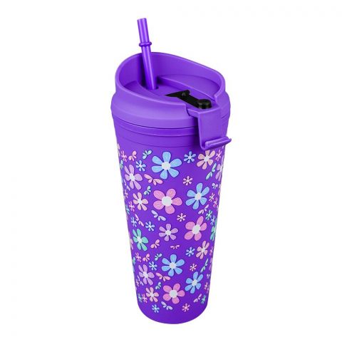 Floral Plastic Water Bottle With Straw, Purple, NL1301