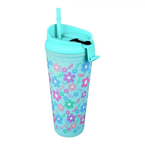 Floral Plastic Water Bottle With Straw, Green, NL1301