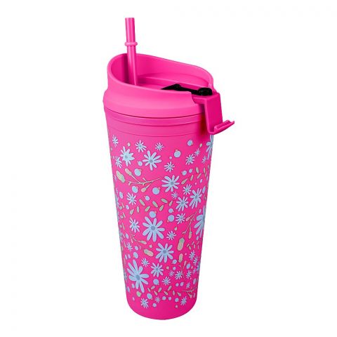 Floral Plastic Water Bottle With Straw, Dark Pink, NL1301