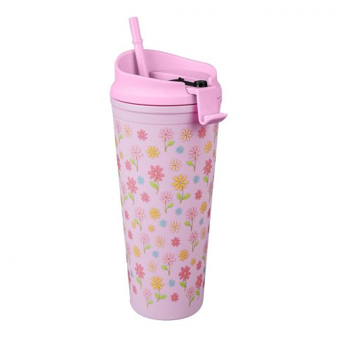 Floral Plastic Water Bottle With Straw, Light Pink, NL1301