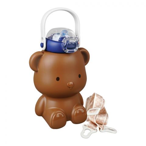 Bear Plastic Water Bottle With Straw & Strap, Brown, 6417B