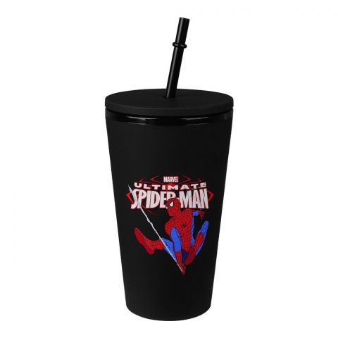 Spider-Man Double-Layer Plastic Straw Cup, Water Cup Drinking Bottle, Black, NL2205
