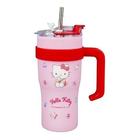 Hello Kitty Plastic Tumbler Water Bottle With Straw & Handle, Pink, Travel Mug