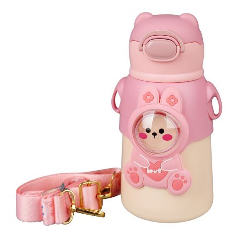 Bear Plastic Thermos With Strap, Pink, Creative Water Bottle