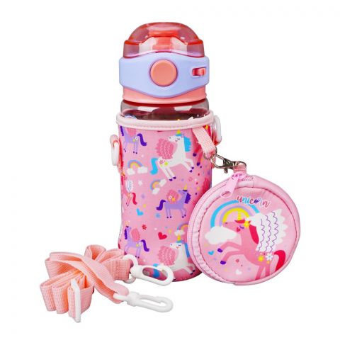 Unicorn Theme Plastic Water Bottle With Strap, Bottle Sleeve Holder & Cute Cover Tumbler Bag, Pink