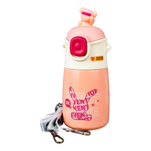 Moto Rabbit Plastic Thermos With Strap, Pink, Creative Water Bottle