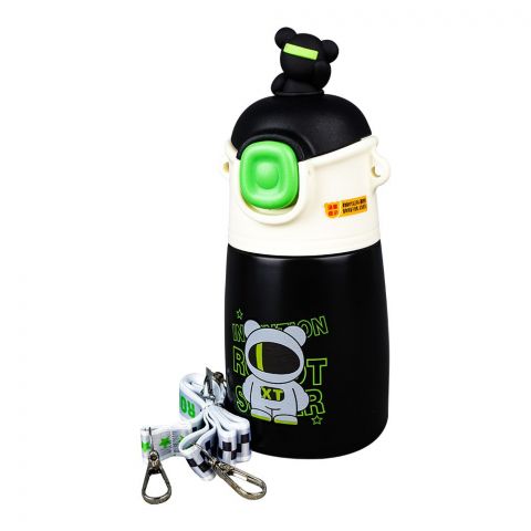 Moto Rabbit Plastic Thermos With Strap, Black, Creative Water Bottle