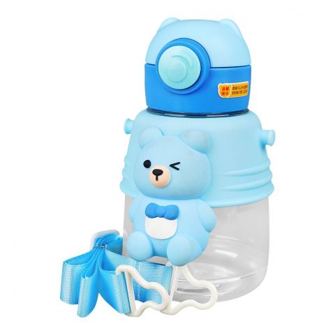 Bear Plastic Water Bottle With Strap, Blue