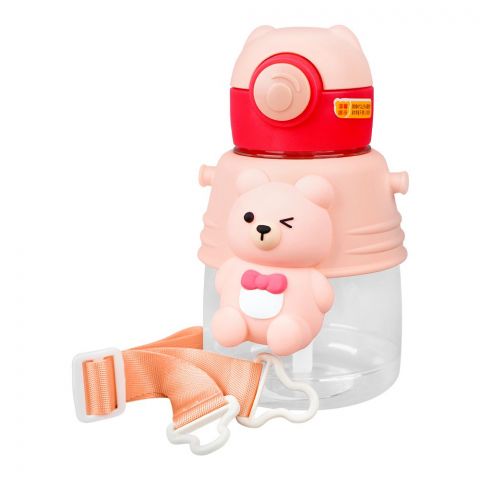 Bear Plastic Water Bottle With Strap, Pink