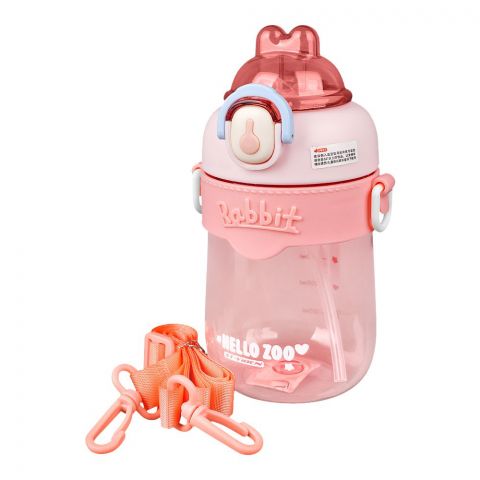 Rabbit Hello Zoo Plastic Water Bottle With Strap, 620ml Capacity, Pink