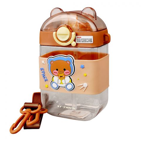 Bear Plastic Water Bottle With Strap, Light Brown