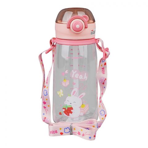 Rabbit Theme Plastic Water Bottle With Strap, 630ml Capacity, Pink