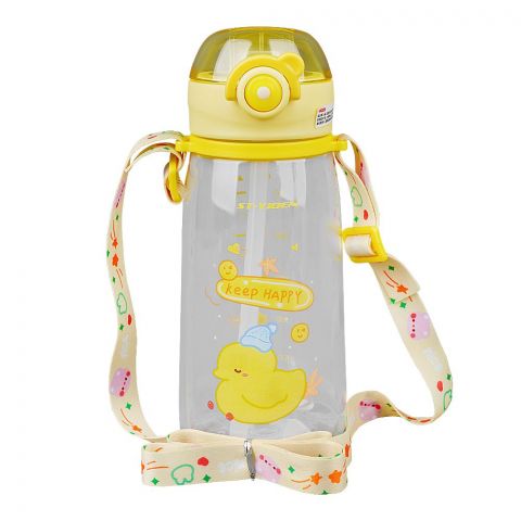 Duck Theme Plastic Water Bottle With Strap, 630ml Capacity, Yellow