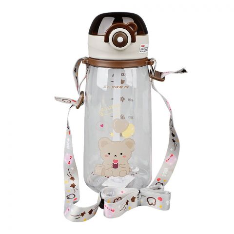 Teddy Bear Theme Plastic Water Bottle With Strap, 630ml Capacity, Brown