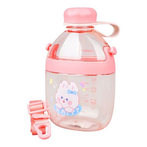 Cute Cartoon Plastic Water Bottle With Strap & Robe, 650ml Capacity, Leakproof Ideal For Office, School & Outdoor, Pink, YB0738