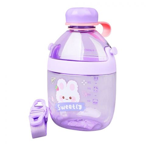 Cute Cartoon Plastic Water Bottle With Strap & Robe, 650ml Capacity, Leakproof Ideal For Office, School & Outdoor, Purple, YB0738