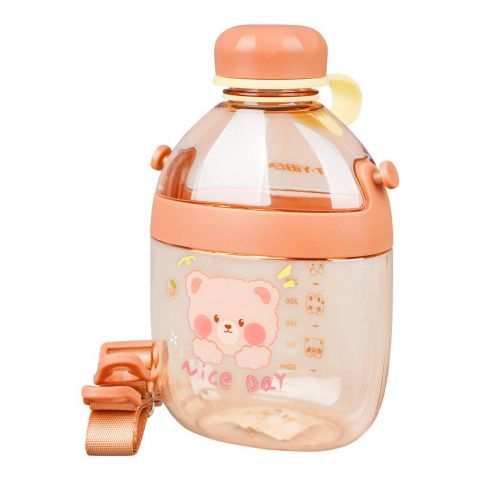 Cute Cartoon Plastic Water Bottle With Strap & Robe, 650ml Capacity, Leakproof Ideal For Office, School & Outdoor, Light Brown, YB0738