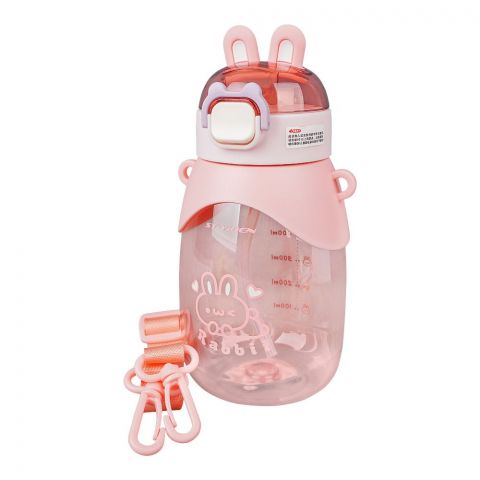 Rabbit Plastic Water Bottle With Strap & Straw, 650ml Capacity, Leakproof Ideal For Office, School & Outdoor, Pink, YB-0783