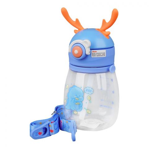 Trendy Cute & Creative Plastic Water Bottle With Strap & Straw, Leakproof Ideal For Office, School & Outdoor, Sky Blue, YB0730
