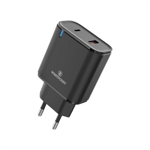 West Point QC3.0+PD20W USB-A+USB-C Wall Charger With LED Light  Black  WP-05