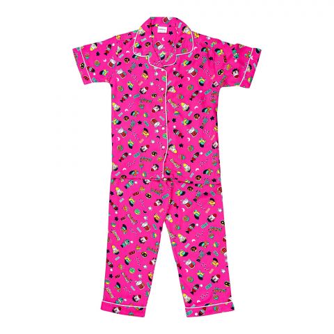 Basix Girls Star & Moon Short Sleeve Nightwear, Deep Pink, 2 Piece Sleepwear Pajamas Set, GRL-166