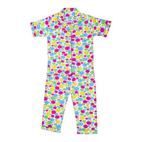 Basix Girls Smiley Emojis Short Sleeves Nightwear, Multi, 2 Piece Sleepwear Pajamas Set, GRL-168