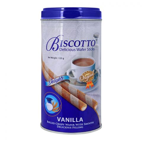 Biscotto Delicious Wafer Stick Tin, Vanilla Rolled Wafer With Smooth Delicious Filling, 125gm
