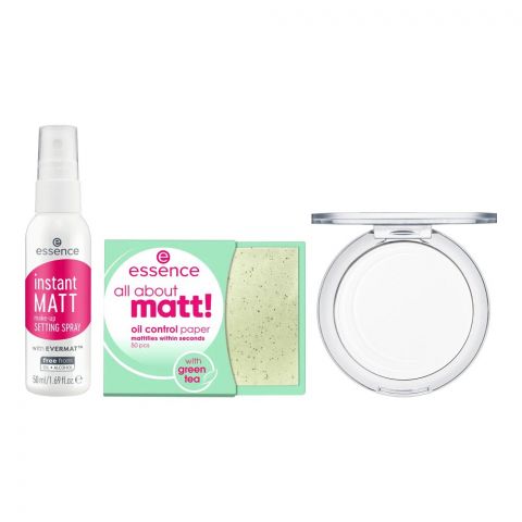 Essence All About Matt Face Set, Compact Powder 8g+Oil Control Paper 50-Pieces+Setting Spray 50ml, 3-Pack
