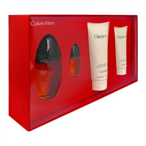Calvin Klein Obsession Gift Set, For Women, Eau de Parfum 100ml + Purse Spray 15ml + Body Lotion 100ml + Body Wash 100ml