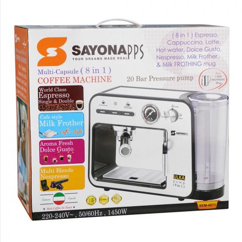 Sayona Multi-Capsule 8in1 Coffee Machine With Stainless Steel Housing, 1450W, 1100ml Water Tank, SEM-4571