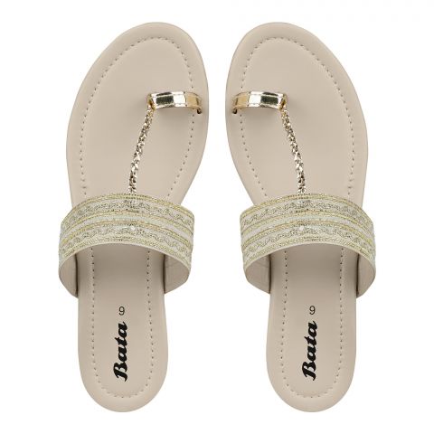 Bata Women's Embroidered Flat Slippers, Cream, Fashionable Comfortable Slip-On Women's Flats For Home, Living Room, And Casual Wear, 5615729