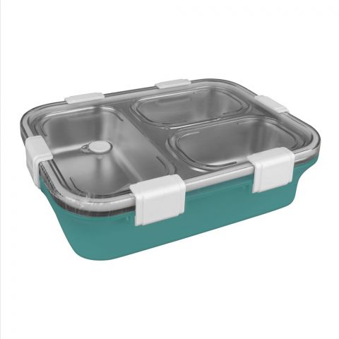 Stainless Steel Lunch Box With 3 Compartments, Spoon & Chop Stick, 400ml Capacity, Green, 7059
