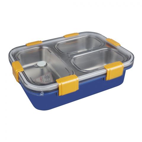 Stainless Steel Lunch Box, 3 Compartments, Spoon & Chop Stick, 400ml, Blue, 12.5cm (W) x 18.5cm (H) x 5cm (D), 7059