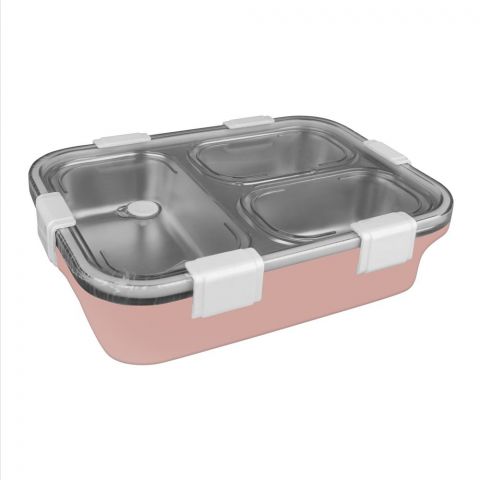 Stainless Steel Lunch Box With 3 Compartments, Spoon & Chop Stick, 400ml Capacity, Pink, 7059