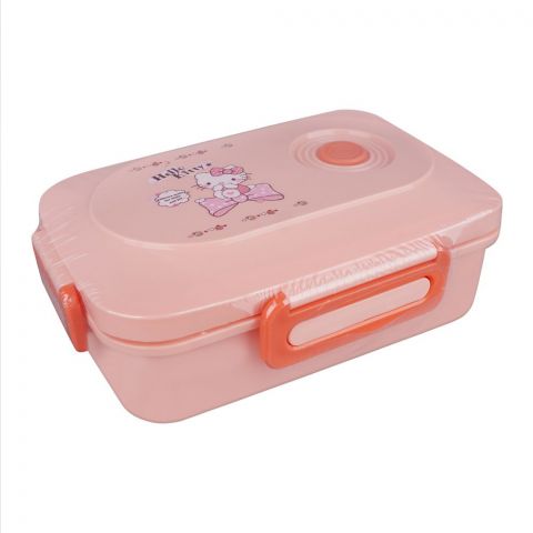 Hello Kitty Plastic Lunch Box With 3 Compartments, Spoon & Fork, 1100ml Capacity, Pink, Tq-158