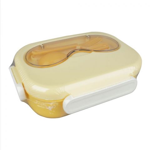 Plastic Snap Lock Lunch Box With 3 Compartments, Spoon & Fork, 1200ml Capacity, Yellow, 25451
