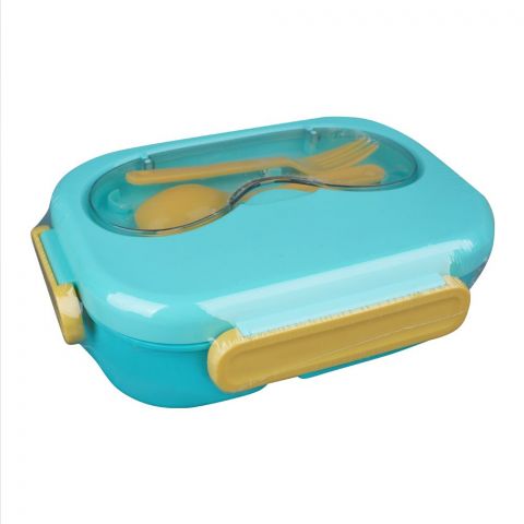 Plastic Snap Lock Lunch Box With 3 Compartments, Spoon & Fork, 1200ml Capacity, Sky Blue, 25451