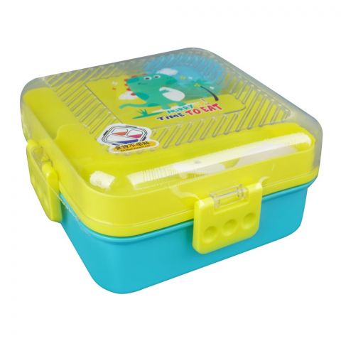 Plastic Lunch Box, 3 Compartments, Spoon & Sauce Jar, Yellow, 13cm (W) x 14.4cm (H) x 5cm (D), Lx-7118