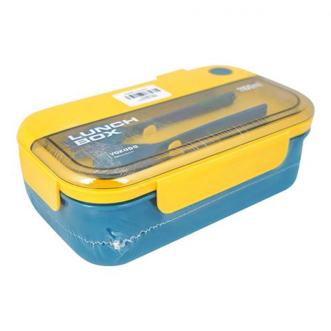 Plastic Lunch Box With 2 Compartments & Cutlery, 1100ml Capacity, Yellow & Blue, Yk0335
